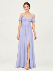 Tiered Ruffled Off-the-Shoulder A-Line Gown with Slit Lavender