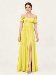 Tiered Ruffled Off-the-Shoulder A-Line Gown with Slit Lemon