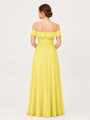 Tiered Ruffled Off-the-Shoulder A-Line Gown with Slit Lemon
