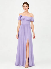 Tiered Ruffled Off-the-Shoulder A-Line Gown with Slit Lilac