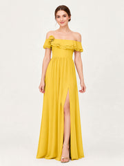 Tiered Ruffled Off-the-Shoulder A-Line Gown with Slit Marigold