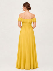 Tiered Ruffled Off-the-Shoulder A-Line Gown with Slit Marigold