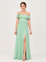 Tiered Ruffled Off-the-Shoulder A-Line Gown with Slit Mint Green