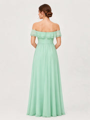 Tiered Ruffled Off-the-Shoulder A-Line Gown with Slit Mint Green