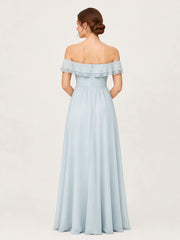 Tiered Ruffled Off-the-Shoulder A-Line Gown with Slit Mist