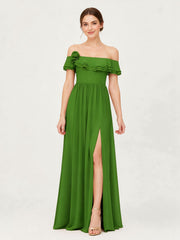 Tiered Ruffled Off-the-Shoulder A-Line Gown with Slit Moss