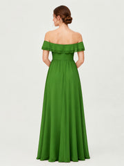 Tiered Ruffled Off-the-Shoulder A-Line Gown with Slit Moss