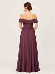 Tiered Ruffled Off-the-Shoulder A-Line Gown with Slit Mulberry