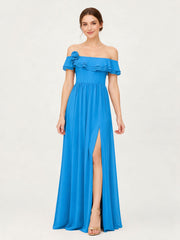 Tiered Ruffled Off-the-Shoulder A-Line Gown with Slit Ocean Blue