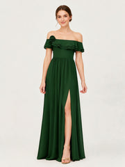 Tiered Ruffled Off-the-Shoulder A-Line Gown with Slit Olive Green