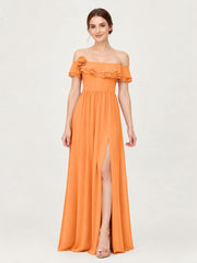 Tiered Ruffled Off-the-Shoulder A-Line Gown with Slit Orange