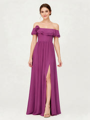 Tiered Ruffled Off-the-Shoulder A-Line Gown with Slit Orchid