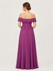 Tiered Ruffled Off-the-Shoulder A-Line Gown with Slit Orchid