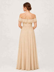 Tiered Ruffled Off-the-Shoulder A-Line Gown with Slit Peach