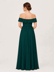 Tiered Ruffled Off-the-Shoulder A-Line Gown with Slit Pine