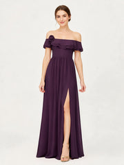 Tiered Ruffled Off-the-Shoulder A-Line Gown with Slit Plum