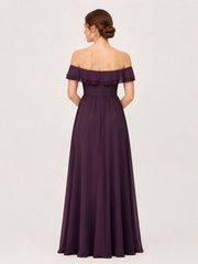 Tiered Ruffled Off-the-Shoulder A-Line Gown with Slit Plum