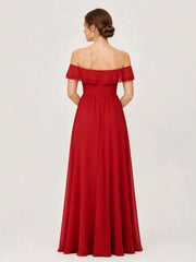 Tiered Ruffled Off-the-Shoulder A-Line Gown with Slit Red