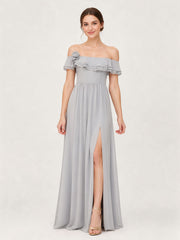 Tiered Ruffled Off-the-Shoulder A-Line Gown with Slit Silver
