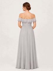 Tiered Ruffled Off-the-Shoulder A-Line Gown with Slit Silver