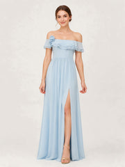 Tiered Ruffled Off-the-Shoulder A-Line Gown with Slit Sky Blue