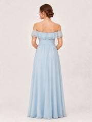 Tiered Ruffled Off-the-Shoulder A-Line Gown with Slit Sky Blue