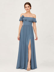 Tiered Ruffled Off-the-Shoulder A-Line Gown with Slit Slate Blue