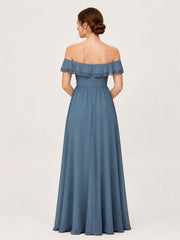 Tiered Ruffled Off-the-Shoulder A-Line Gown with Slit Slate Blue