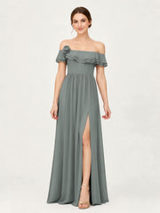 Tiered Ruffled Off-the-Shoulder A-Line Gown with Slit Steel Grey