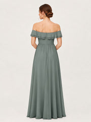 Tiered Ruffled Off-the-Shoulder A-Line Gown with Slit Steel Grey