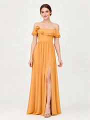 Tiered Ruffled Off-the-Shoulder A-Line Gown with Slit Tangerine