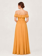Tiered Ruffled Off-the-Shoulder A-Line Gown with Slit Tangerine
