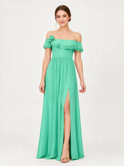 Tiered Ruffled Off-the-Shoulder A-Line Gown with Slit Turquoise