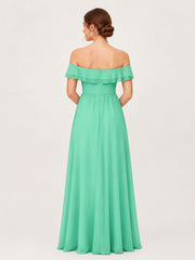 Tiered Ruffled Off-the-Shoulder A-Line Gown with Slit Turquoise