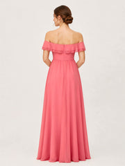 Tiered Ruffled Off-the-Shoulder A-Line Gown with Slit Watermelon