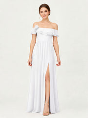 Tiered Ruffled Off-the-Shoulder A-Line Gown with Slit White
