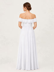 Tiered Ruffled Off-the-Shoulder A-Line Gown with Slit White