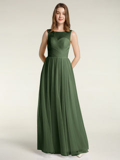 Illusion Neck Cross Tulle Bridesmaid Dresses-Olive Green
