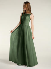Illusion Neck Cross Tulle Bridesmaid Dresses-Olive Green