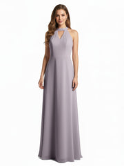 Halter Chiffon Long Bridesmaid Gowns with Low Back-Dusk