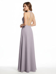 Halter Chiffon Long Bridesmaid Gowns with Low Back-Dusk