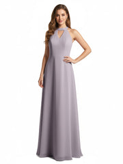 Halter Chiffon Long Bridesmaid Gowns with Low Back-Dusk