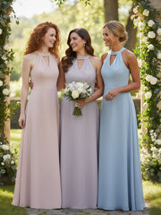 Halter Chiffon Long Bridesmaid Gowns with Low Back-Dusk