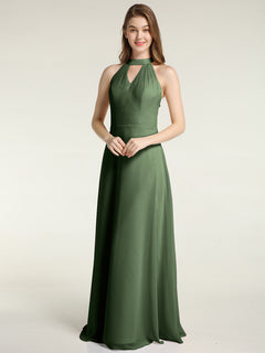 Halter Chiffon Long Bridesmaid Gowns with Low Back-Olive Green