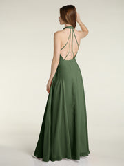 Halter Chiffon Long Bridesmaid Gowns with Low Back-Olive Green Plus Size