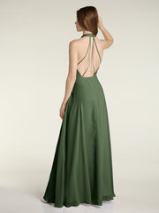 Halter Chiffon Long Bridesmaid Gowns with Low Back-Olive Green