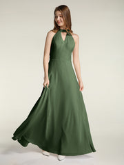 Halter Chiffon Long Bridesmaid Gowns with Low Back-Olive Green Plus Size
