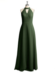 Halter Chiffon Long Bridesmaid Gowns with Low Back-Olive Green