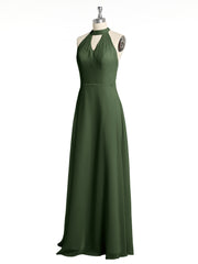 Halter Chiffon Long Bridesmaid Gowns with Low Back-Olive Green