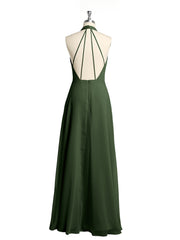 Halter Chiffon Long Bridesmaid Gowns with Low Back-Olive Green